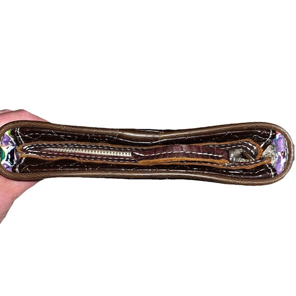 Consuela Quilted Brown Patent w Leather Trim Embroidered Clutch Wristlet NEW - Picture 5 of 14